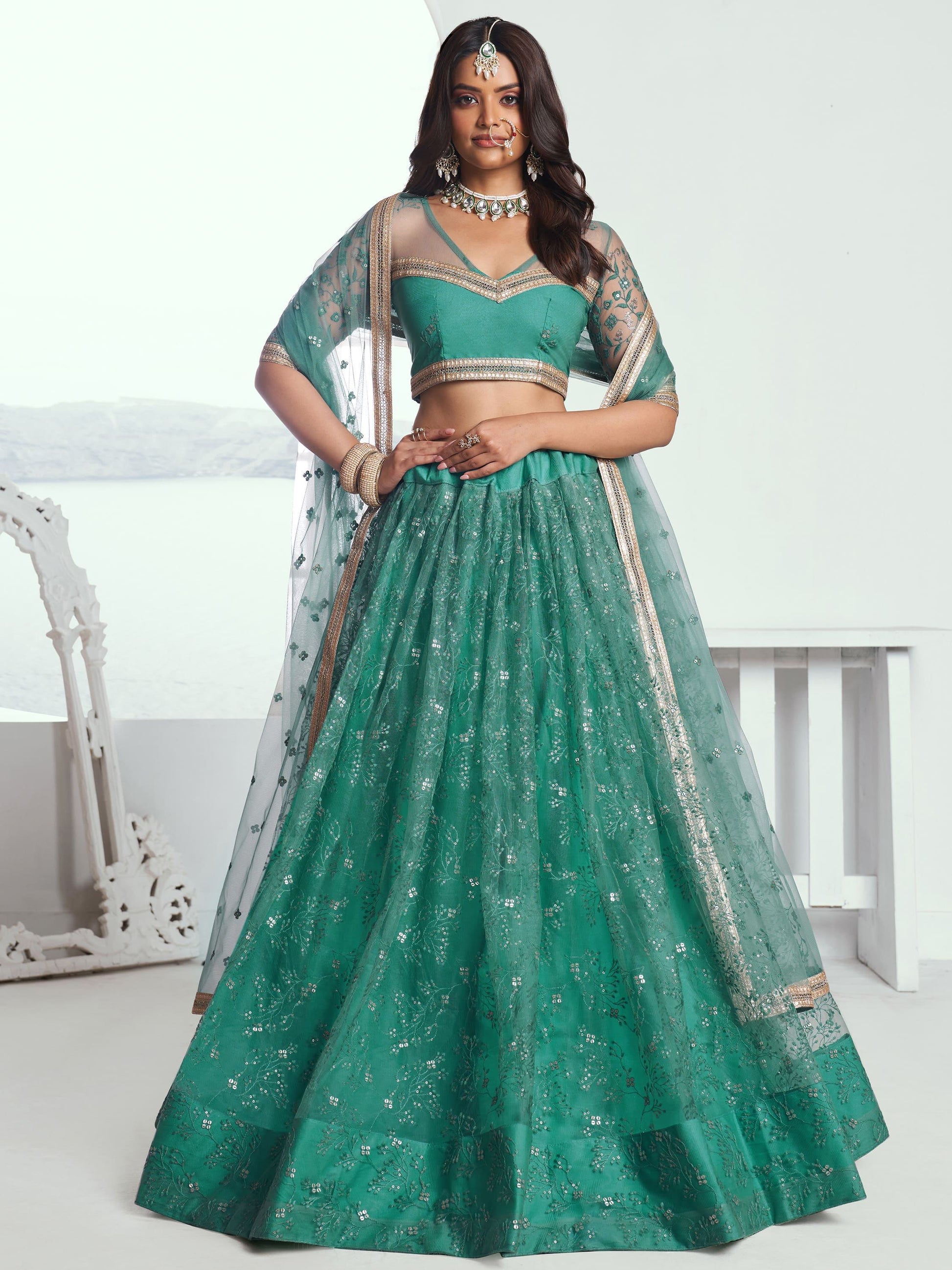 Beautiful Teal Green Embroidered Net Wedding Wear Lehenga Choli - Zeel Clothing