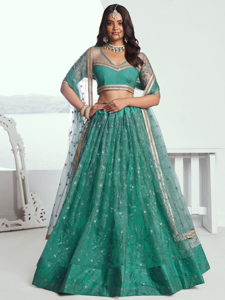 Beautiful Teal Green Embroidered Net Wedding Wear Lehenga Choli - Zeel Clothing