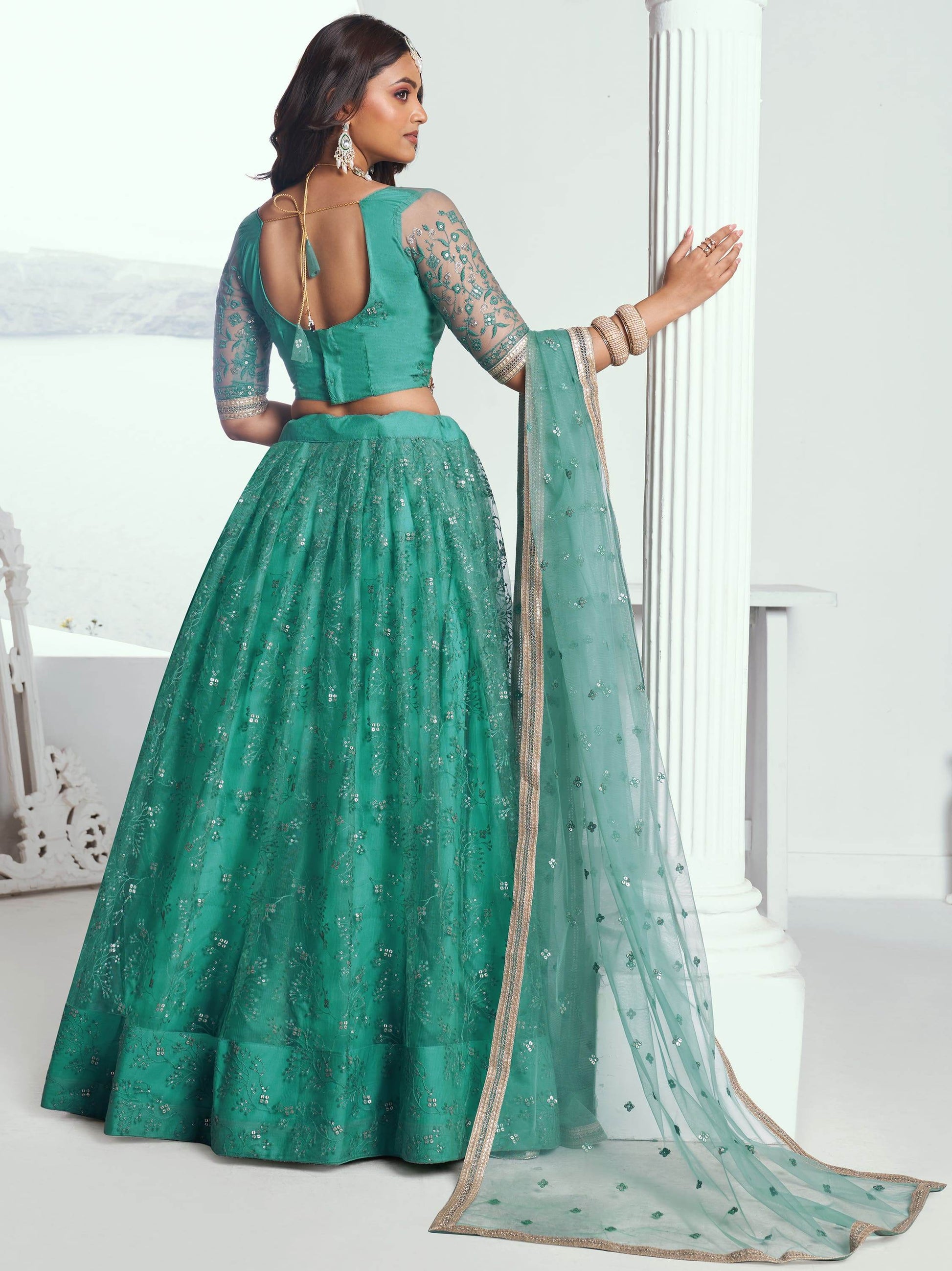 Beautiful Teal Green Embroidered Net Wedding Wear Lehenga Choli - Zeel Clothing
