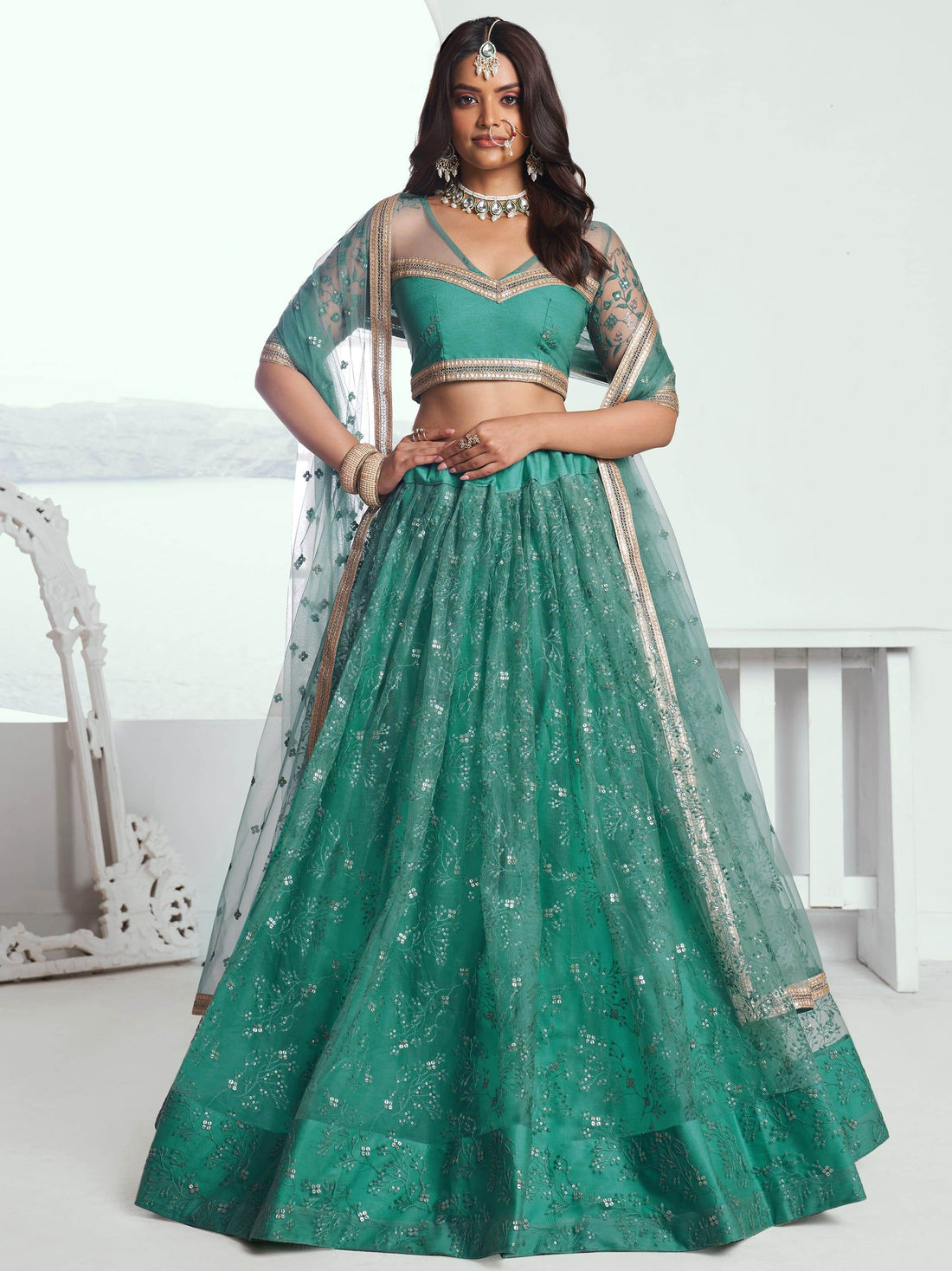 Beautiful Teal Green Embroidered Net Wedding Wear Lehenga Choli - Zeel Clothing