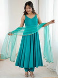 Beautiful Teal Green Lace Work Chanderi Silk Festive Wear Anarkali Suit With Dupatta