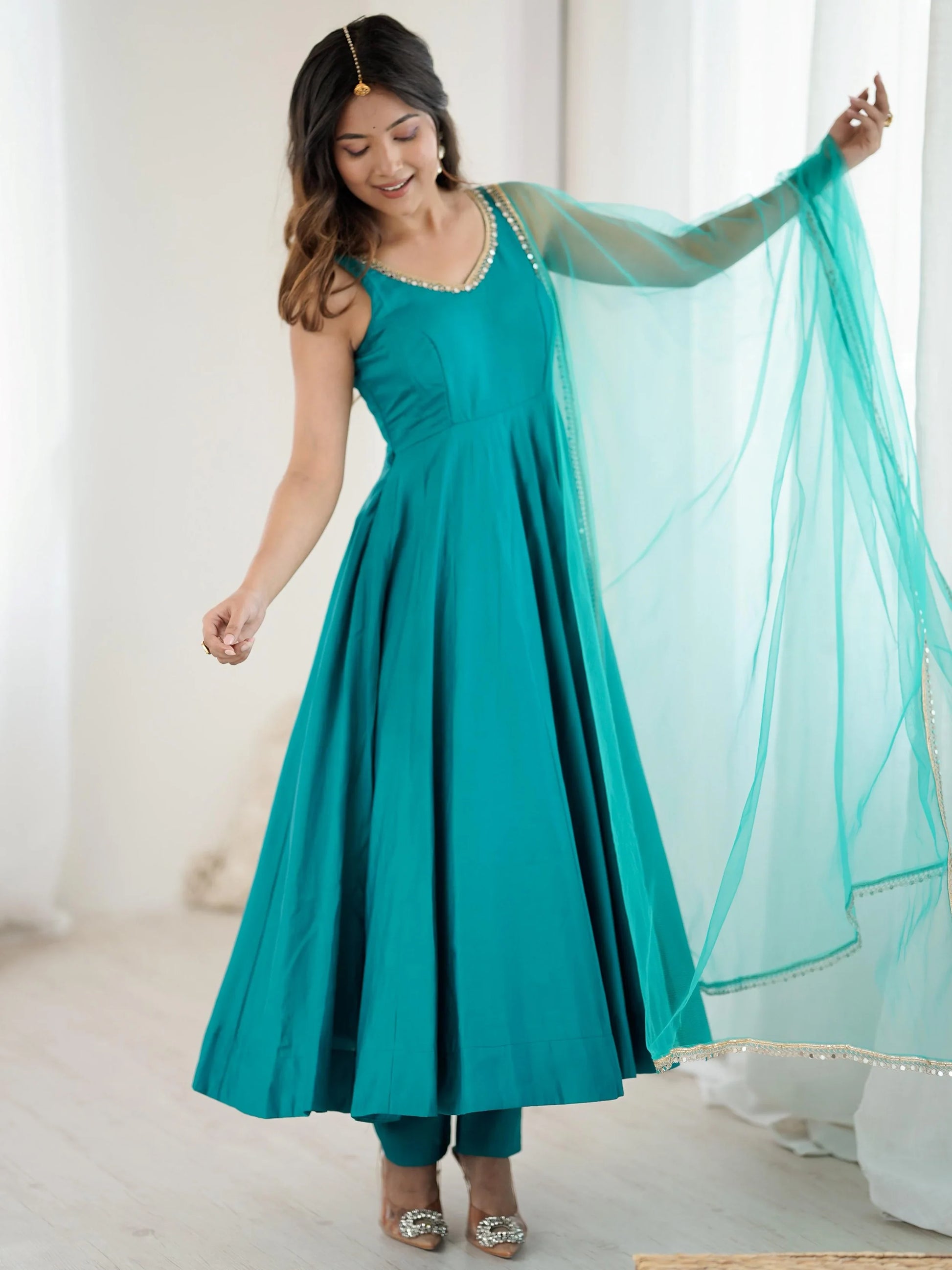 Beautiful Teal Green Lace Work Chanderi Silk Festive Wear Anarkali Suit With Dupatta