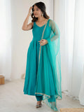 Beautiful Teal Green Lace Work Chanderi Silk Festive Wear Anarkali Suit With Dupatta