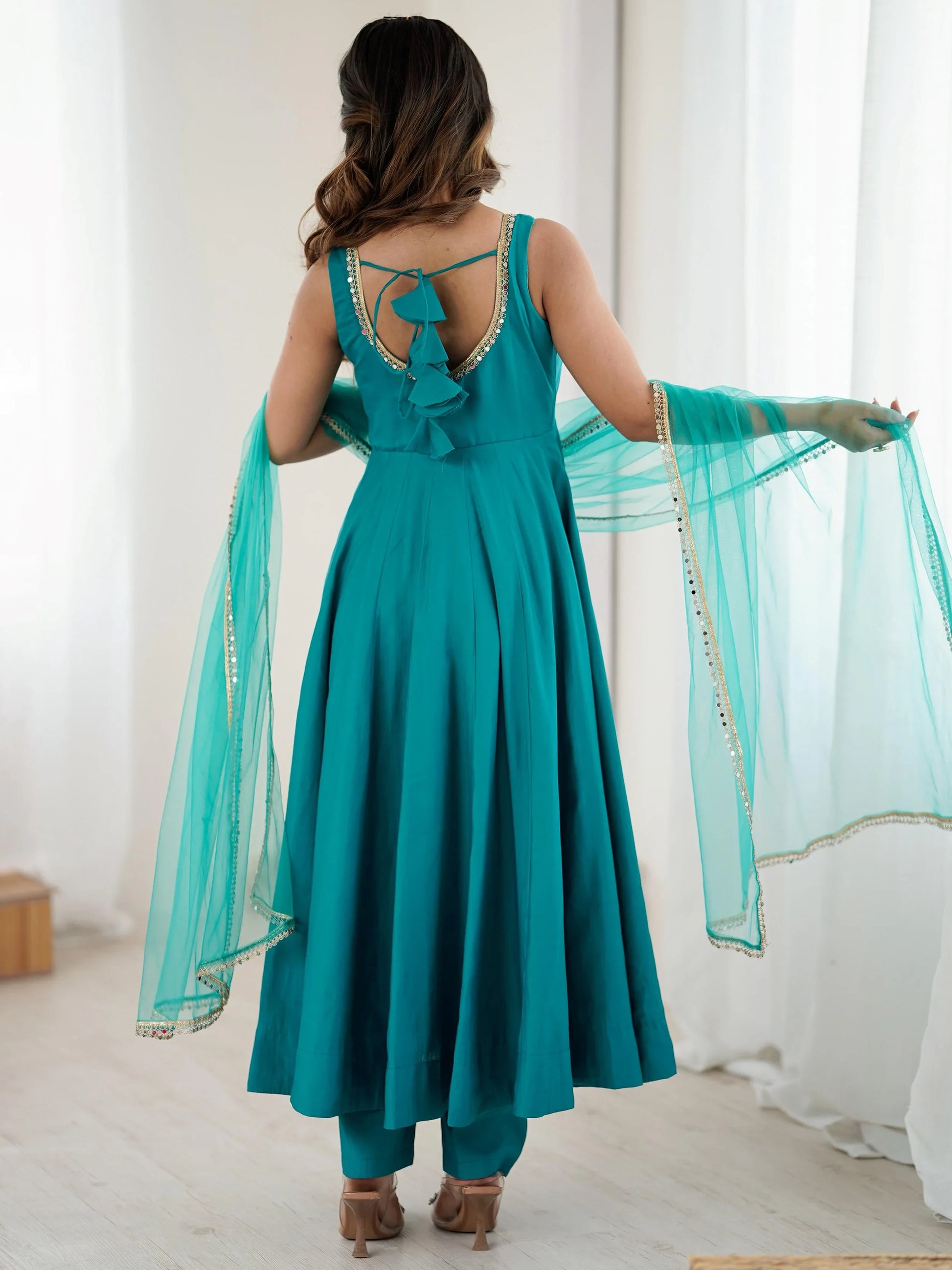 Beautiful Teal Green Lace Work Chanderi Silk Festive Wear Anarkali Suit With Dupatta