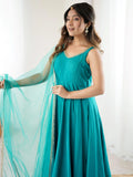 Beautiful Teal Green Lace Work Chanderi Silk Festive Wear Anarkali Suit With Dupatta