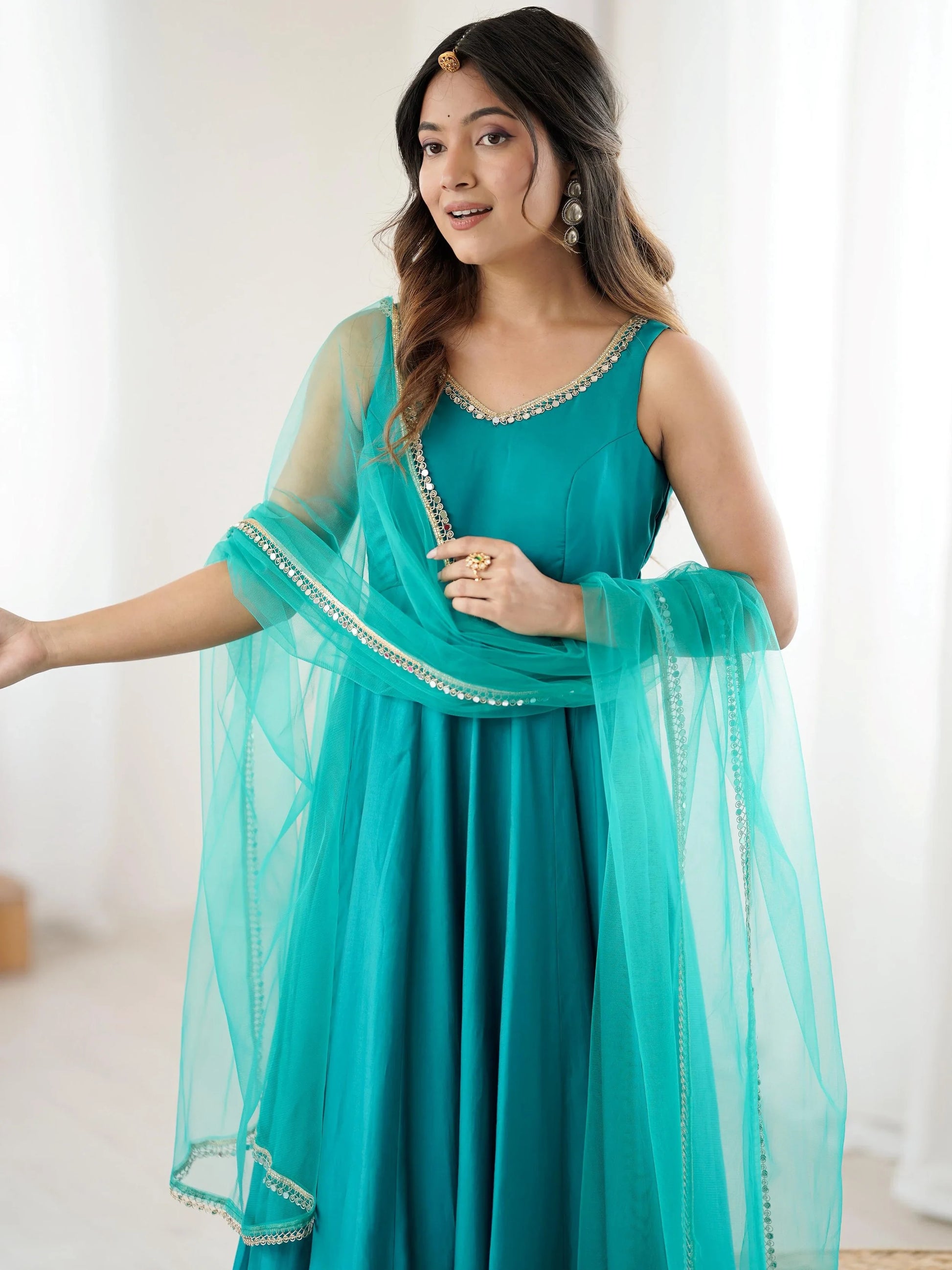 Beautiful Teal Green Lace Work Chanderi Silk Festive Wear Anarkali Suit With Dupatta