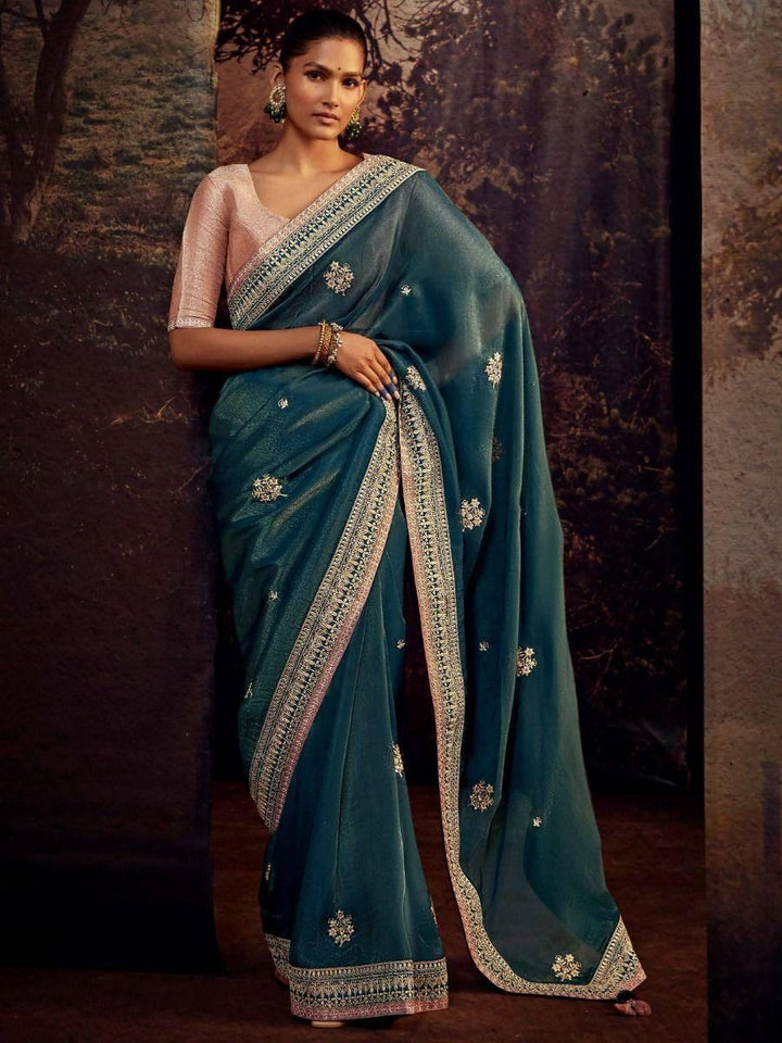 Beautiful Teal Green Sequins Silk Wedding Wear Saree With Blouse