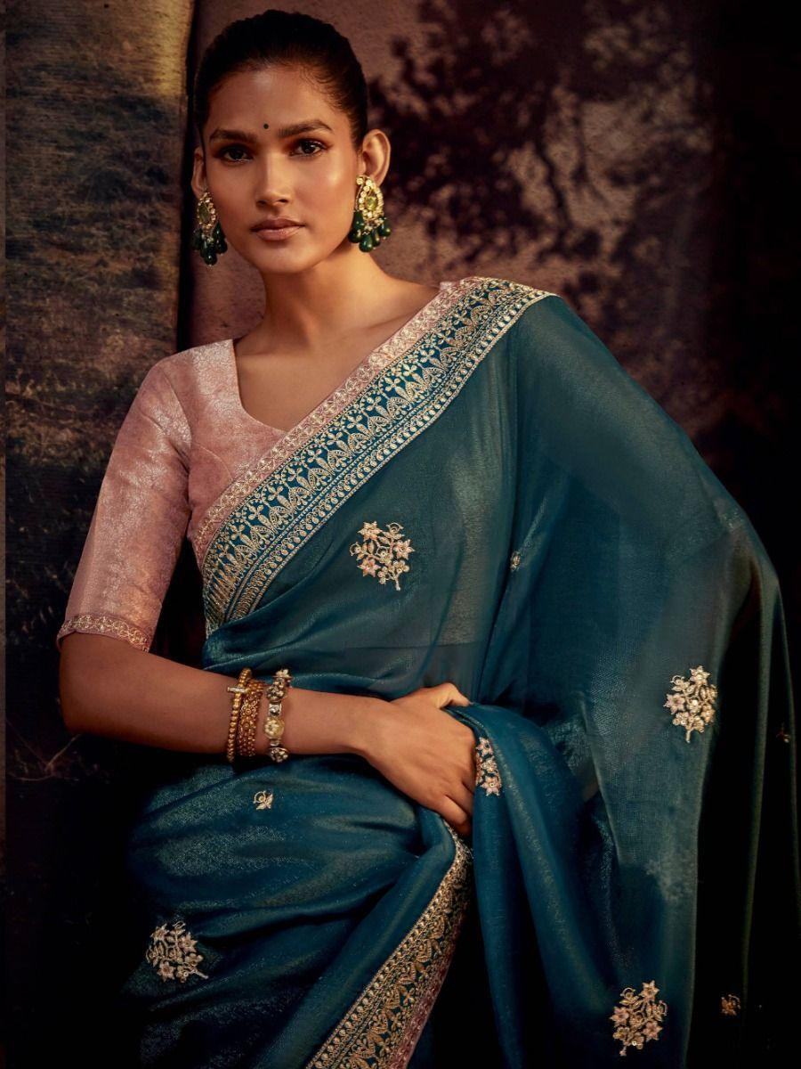 Beautiful Teal Green Sequins Silk Wedding Wear Saree With Blouse