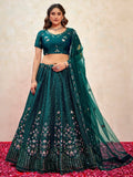 Beautiful Teal Green Thread Embroidered Net Wedding Lehenga Choli With Dupatta - Zeel Clothing