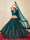 Beautiful Teal Green Thread Embroidered Net Wedding Lehenga Choli With Dupatta - Zeel Clothing