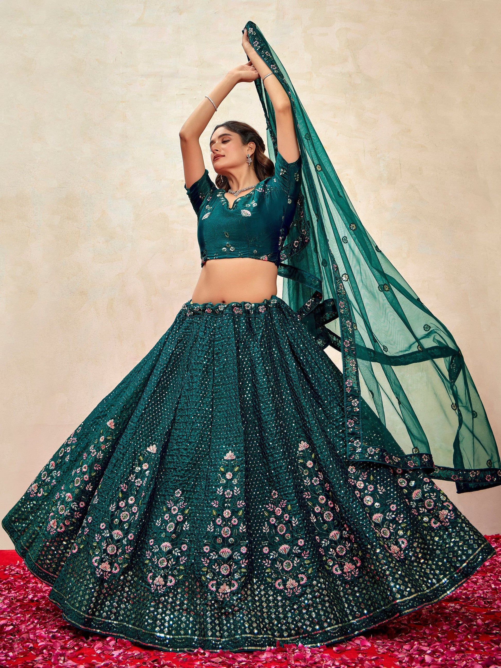 Beautiful Teal Green Thread Embroidered Net Wedding Lehenga Choli With Dupatta - Zeel Clothing