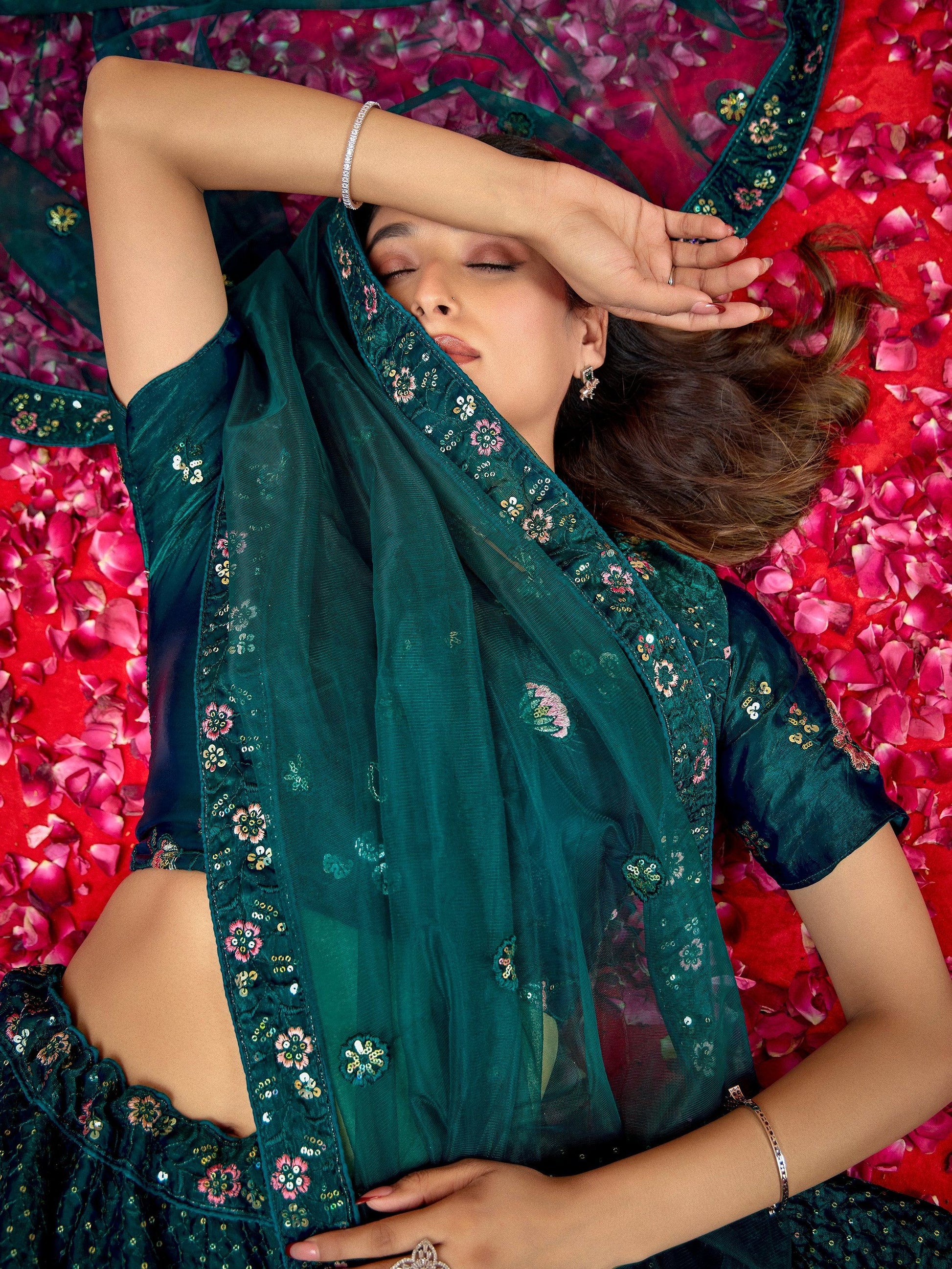 Beautiful Teal Green Thread Embroidered Net Wedding Lehenga Choli With Dupatta - Zeel Clothing