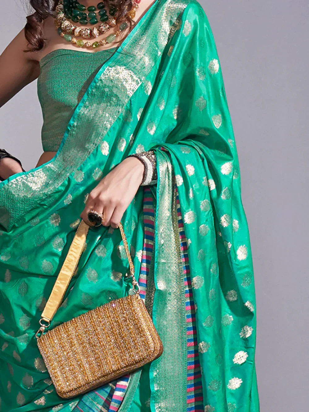 Beautiful Teal Green Zari Weaving Silk Traditional Saree With Blouse - Zeel Clothing