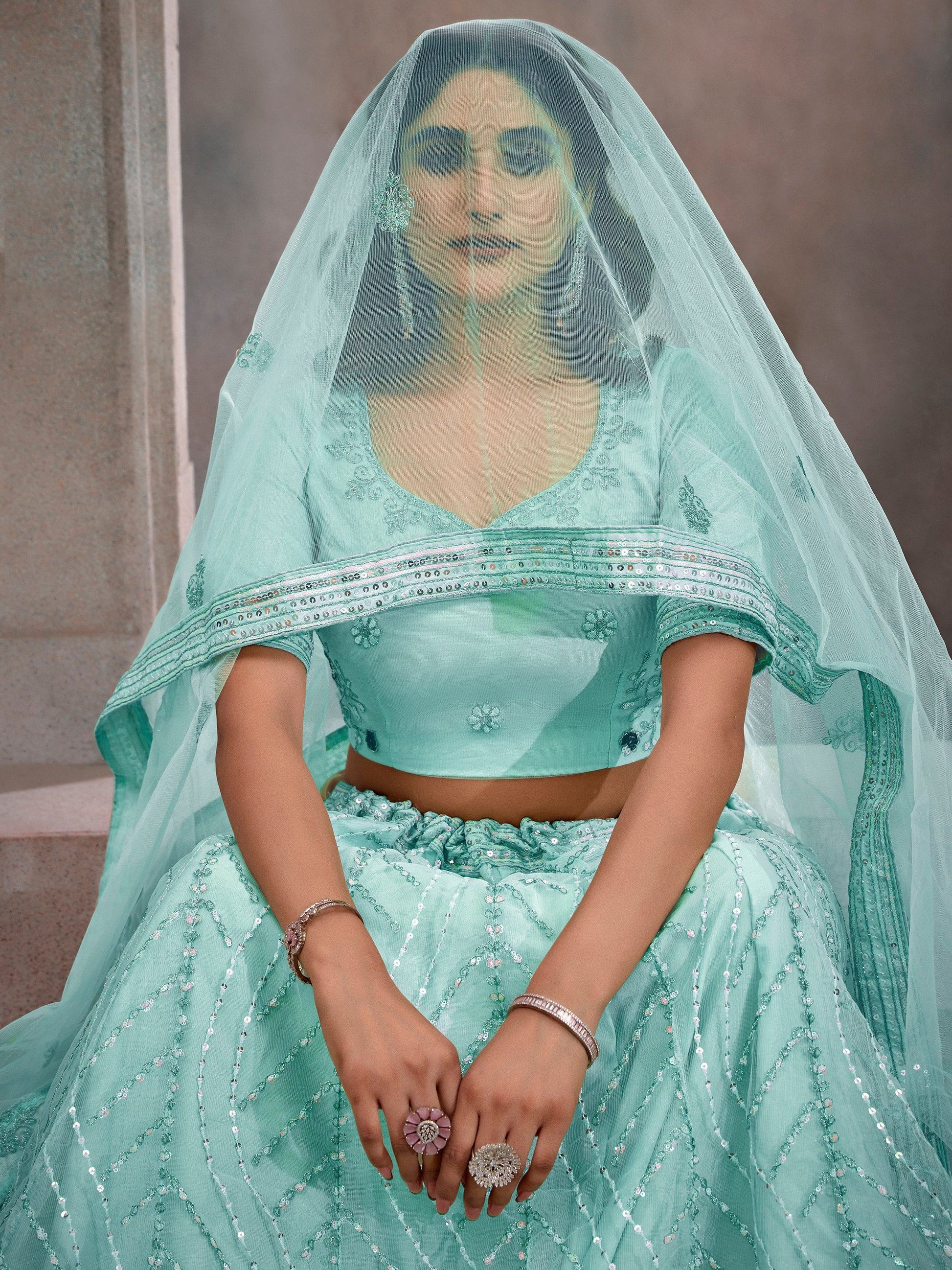 Beautiful Turquoise Sequins Net Designer Lehenga Choli With Dupatta - Zeel Clothing