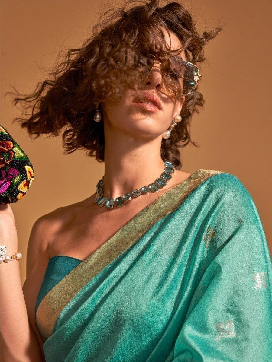 Beautiful Turquoise Zari Weaving Silk Events Wear Saree
