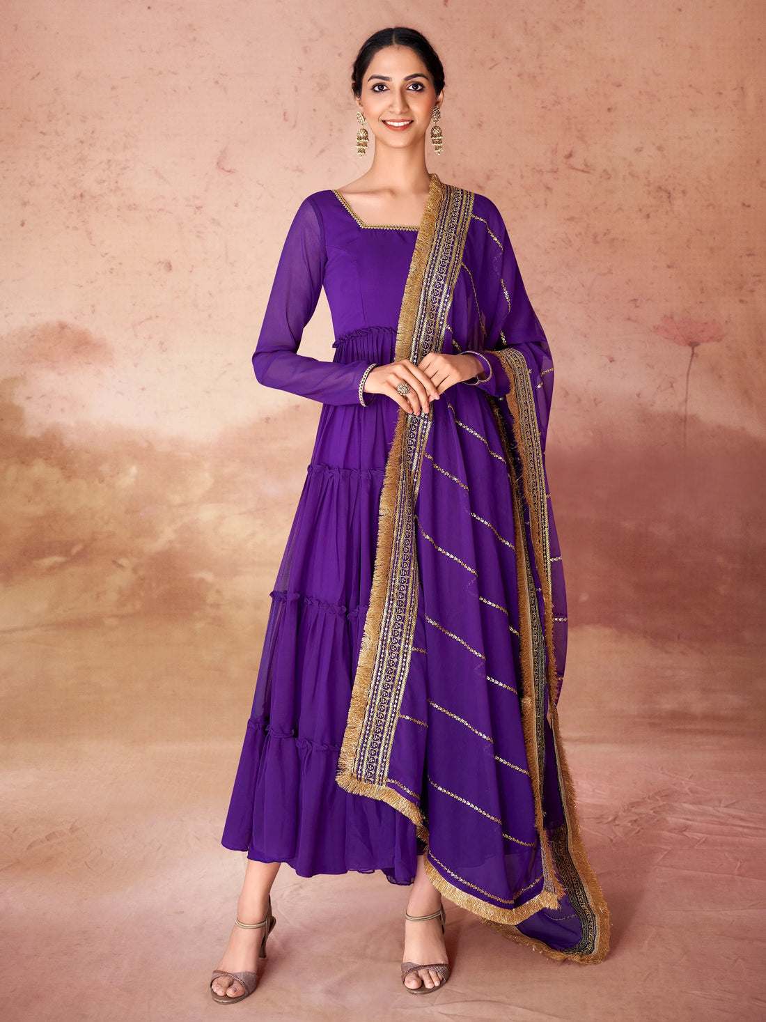 Beautiful Violet Georgette Event Wear Gown With Dupatta - Zeel Clothing