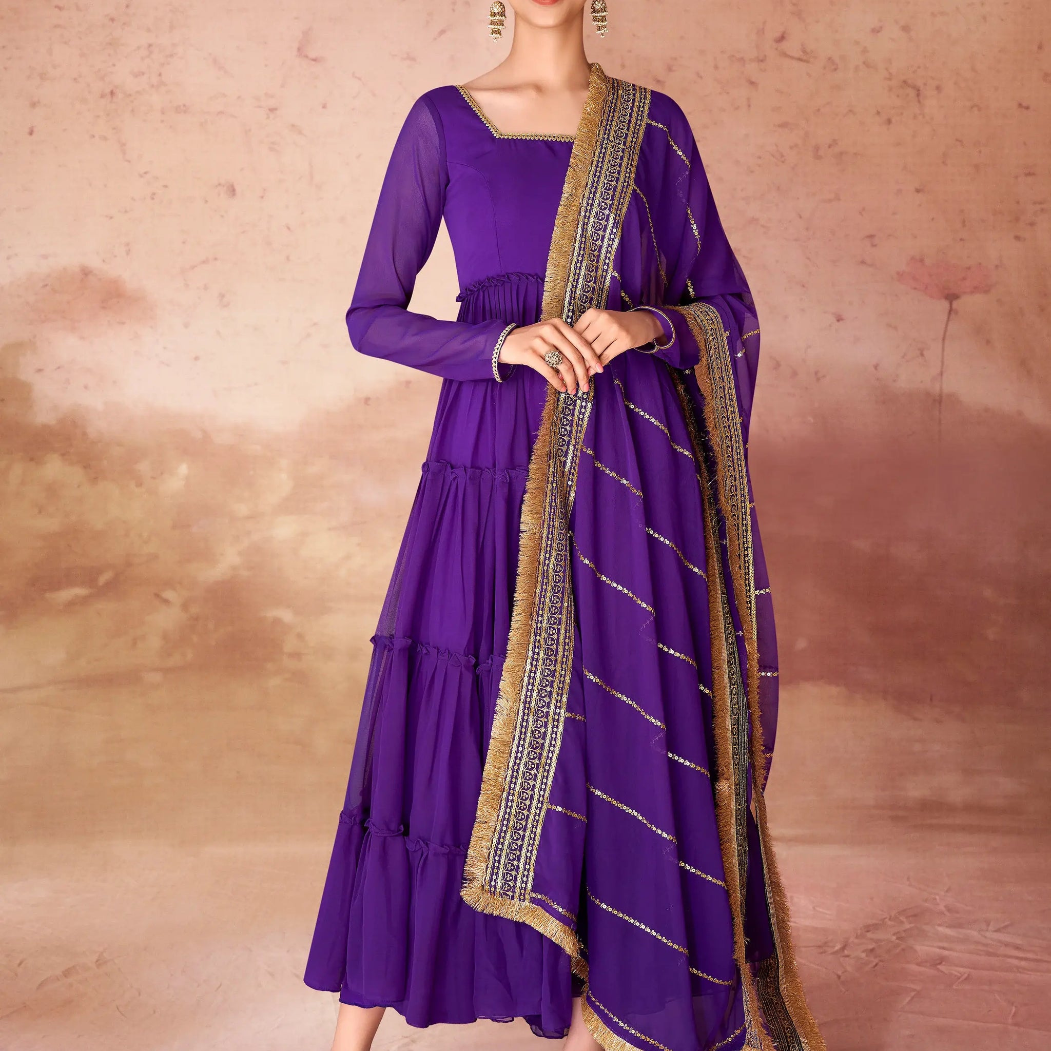 Beautiful Violet Georgette Event Wear Gown With Dupatta - Zeel Clothing