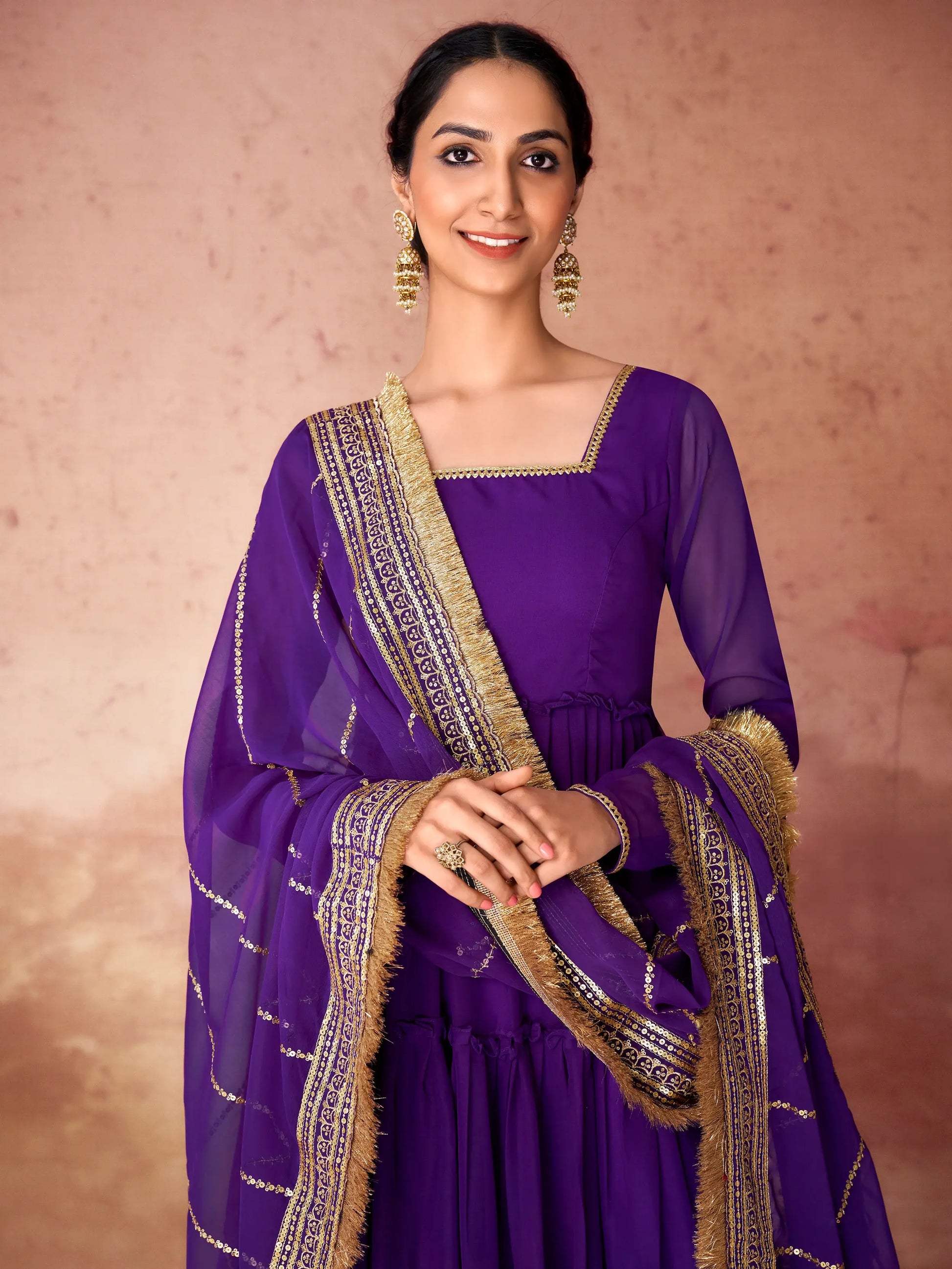 Beautiful Violet Georgette Event Wear Gown With Dupatta - Zeel Clothing