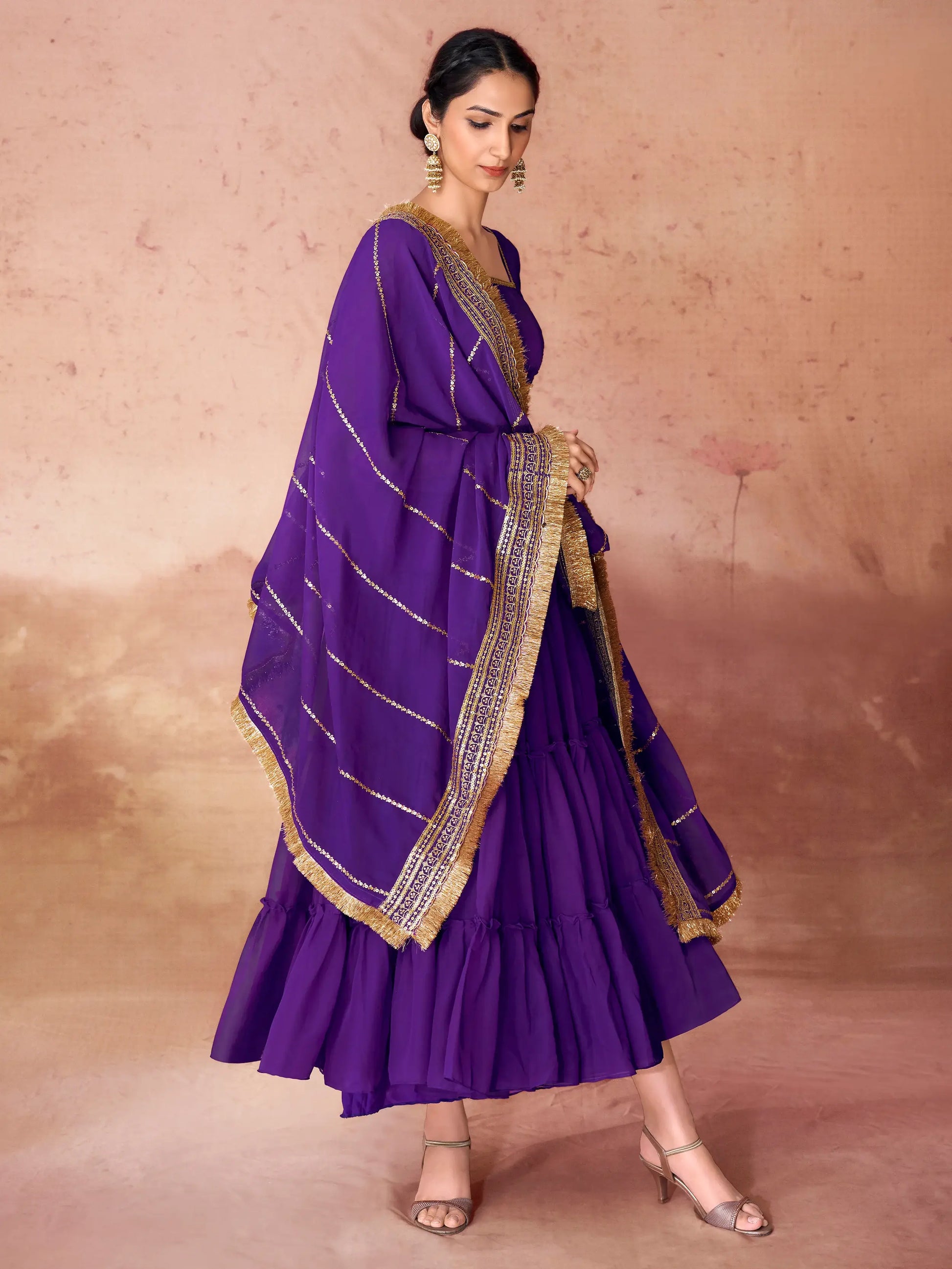 Beautiful Violet Georgette Event Wear Gown With Dupatta - Zeel Clothing