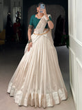 Beautiful White Border Work Silk Onam Special Half Saree Lehenga With Green Blouse