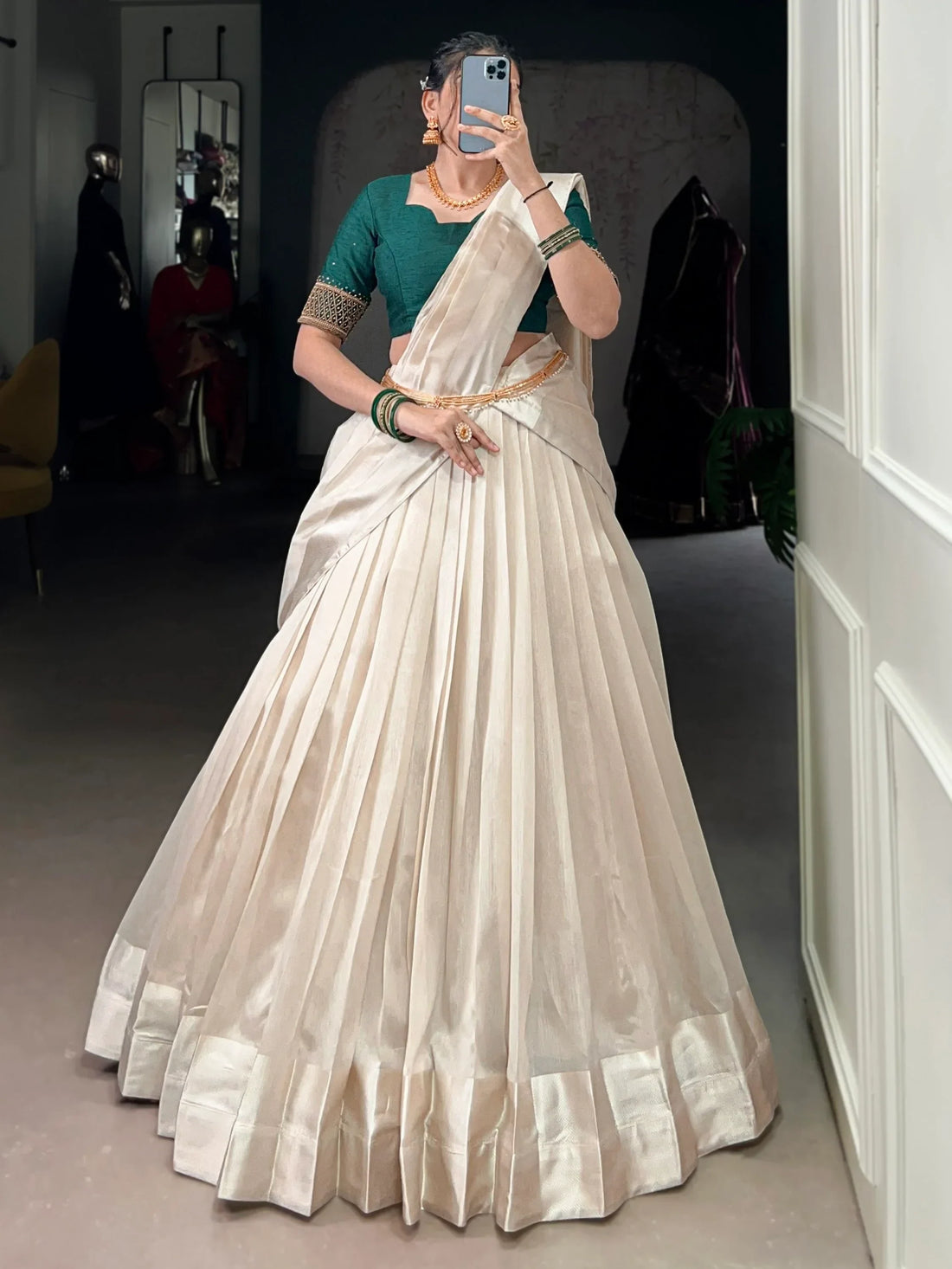 Beautiful White Border Work Silk Onam Special Half Saree Lehenga With Green Blouse