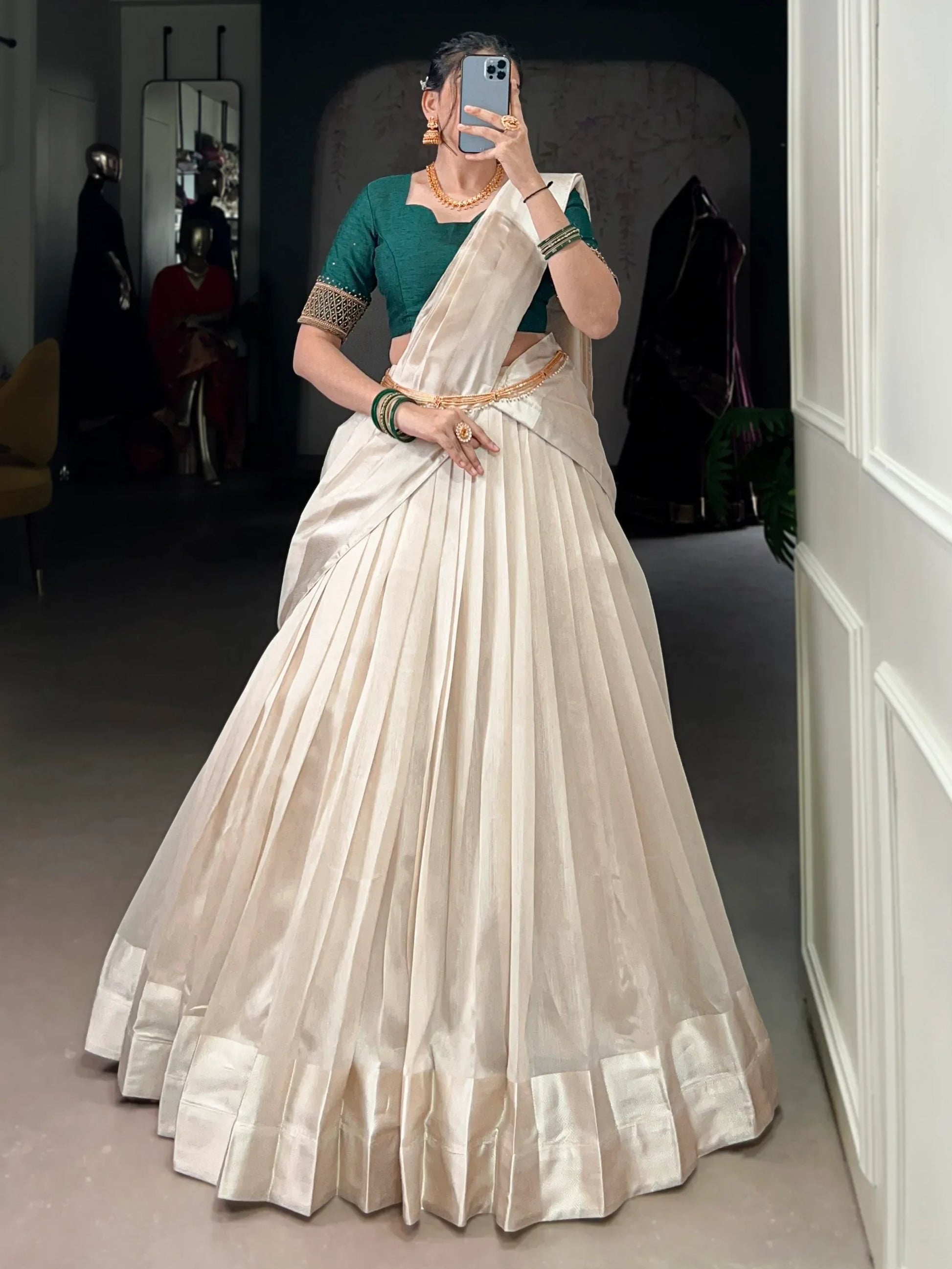 Beautiful White Border Work Silk Onam Special Half Saree Lehenga With Green Blouse