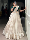 Beautiful White Border Work Silk Onam Special Half Saree Lehenga With Green Blouse