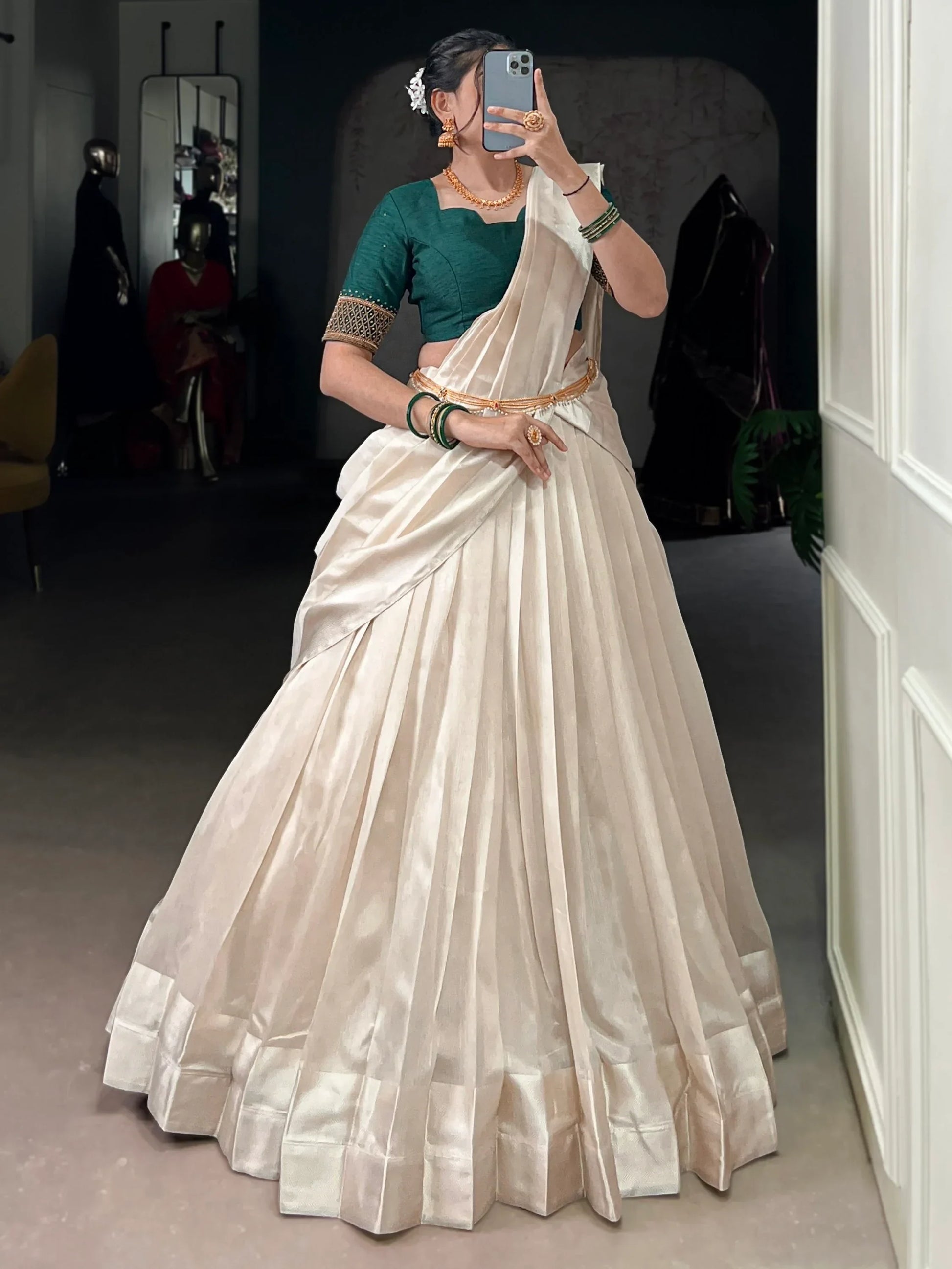 Beautiful White Border Work Silk Onam Special Half Saree Lehenga With Green Blouse