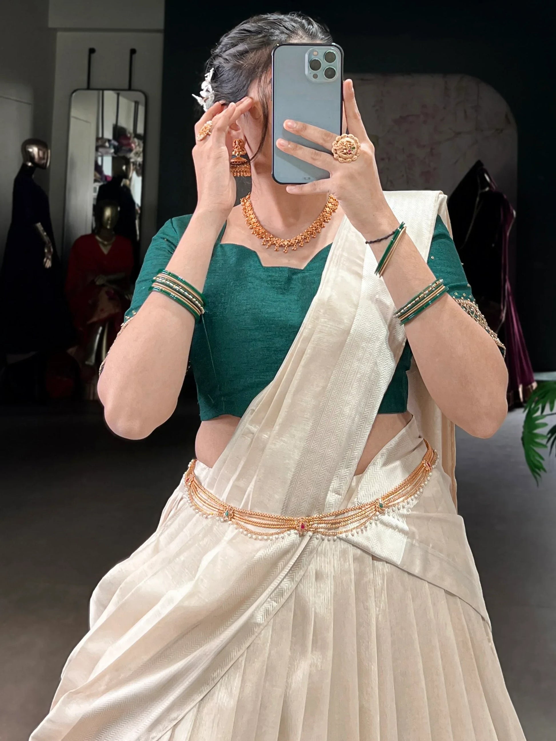 Beautiful White Border Work Silk Onam Special Half Saree Lehenga With Green Blouse