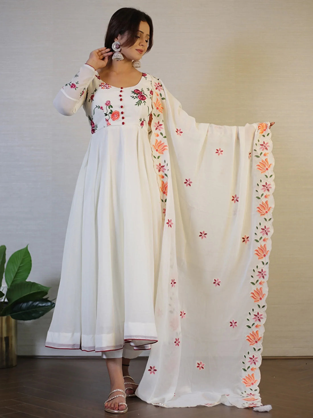 Beautiful White Embroidered Georgette Festival Wear Anarkali Pant Suit - Zeel Clothing