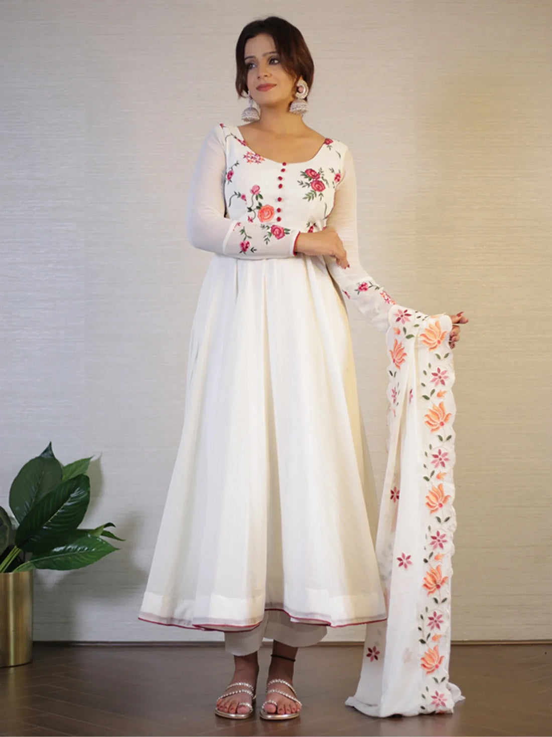 Beautiful White Embroidered Georgette Festival Wear Anarkali Pant Suit - Zeel Clothing
