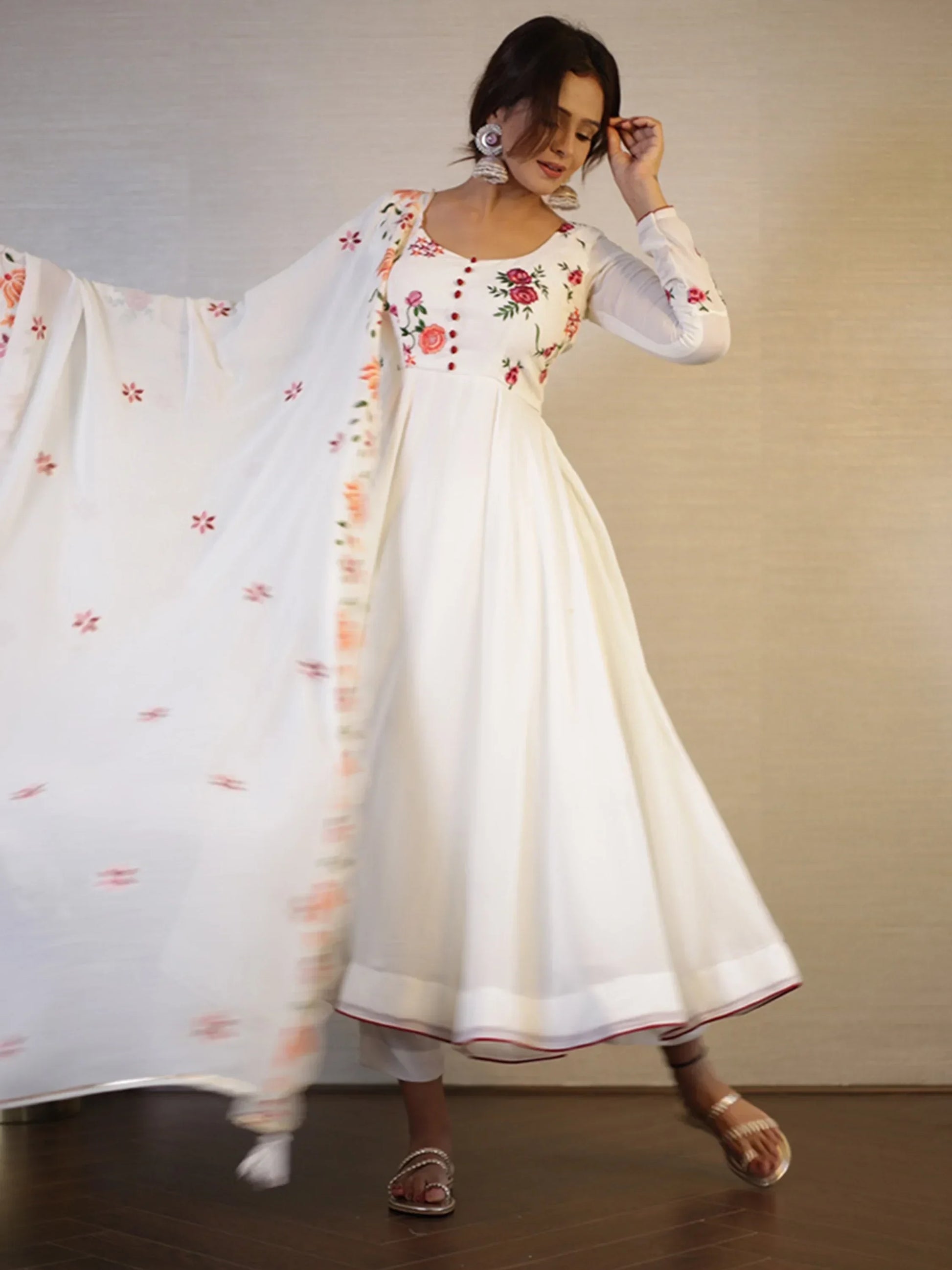 Beautiful White Embroidered Georgette Festival Wear Anarkali Pant Suit - Zeel Clothing