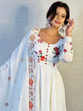 Beautiful White Embroidered Georgette Festival Wear Anarkali Pant Suit - Zeel Clothing