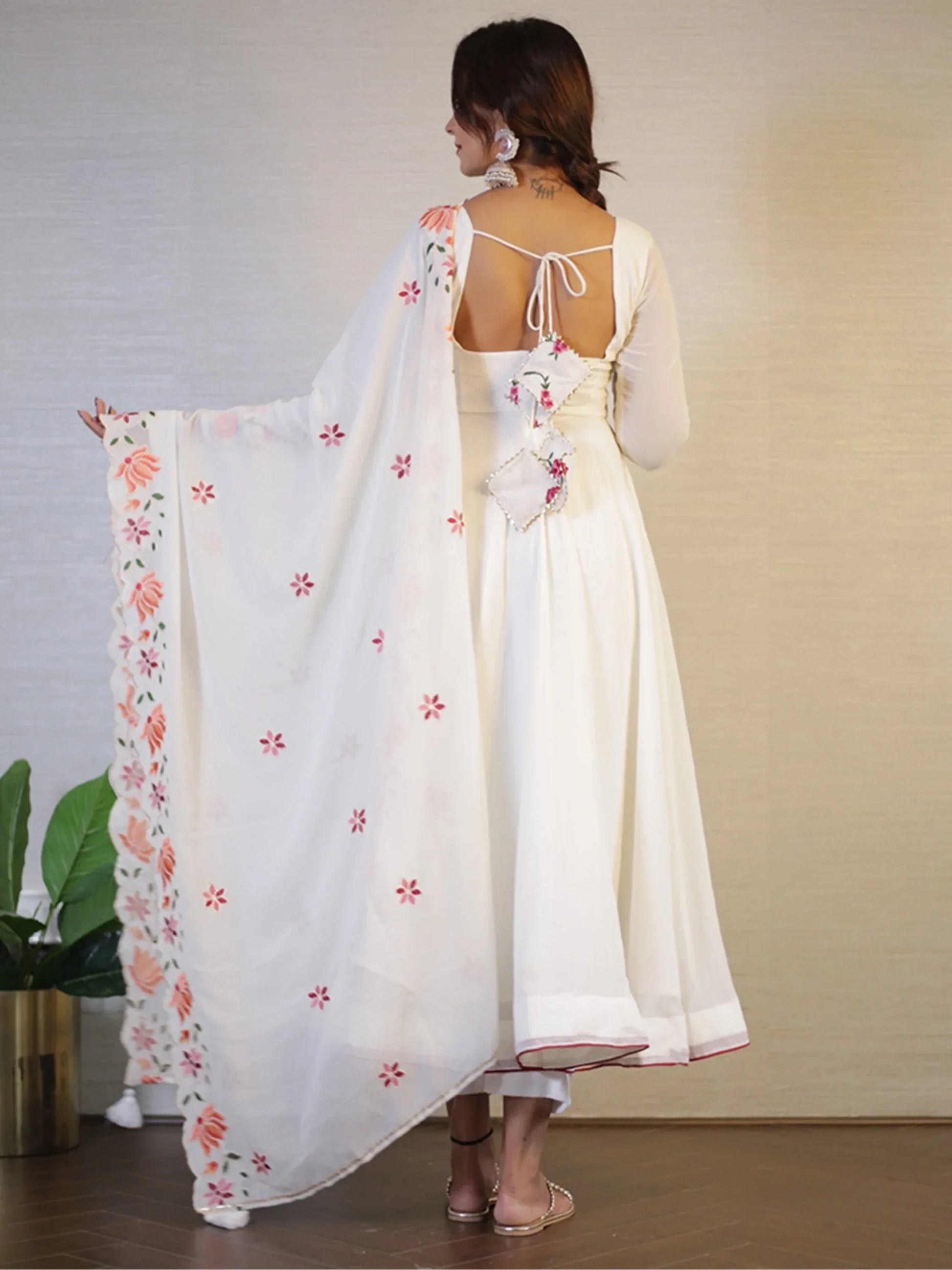 Beautiful White Embroidered Georgette Festival Wear Anarkali Pant Suit - Zeel Clothing