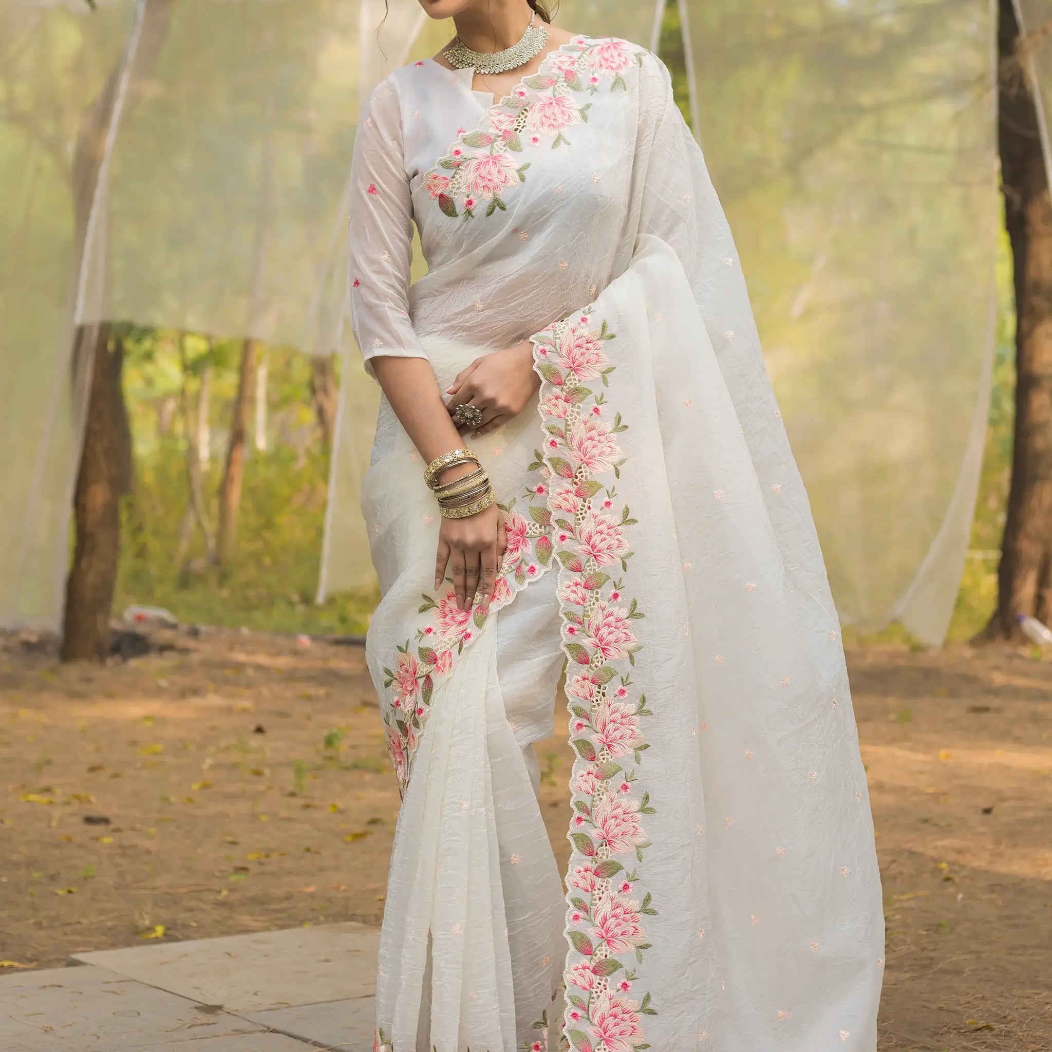 Beautiful White Embroidered Silk Party Wear Saree - Zeel Clothing
