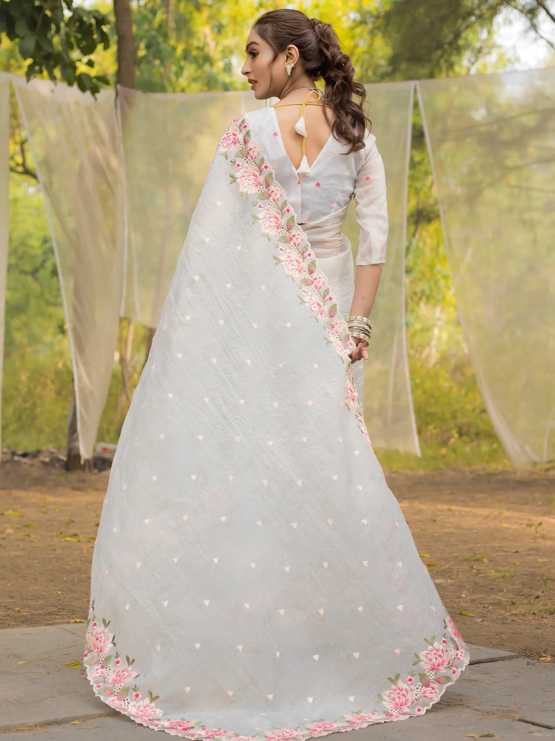 Beautiful White Embroidered Silk Party Wear Saree - Zeel Clothing