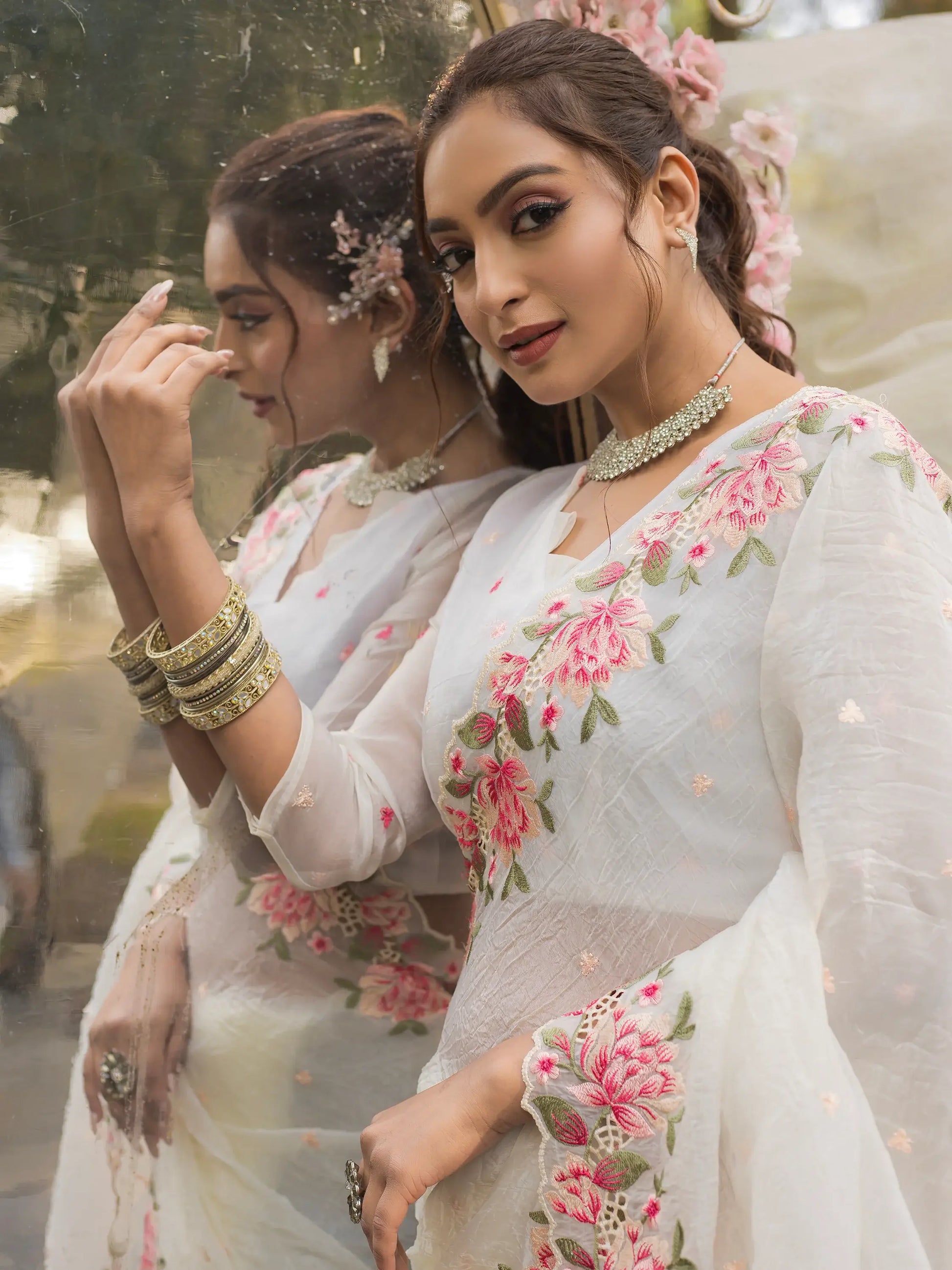 Beautiful White Embroidered Silk Party Wear Saree - Zeel Clothing