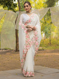 Beautiful White Embroidered Silk Party Wear Saree - Zeel Clothing