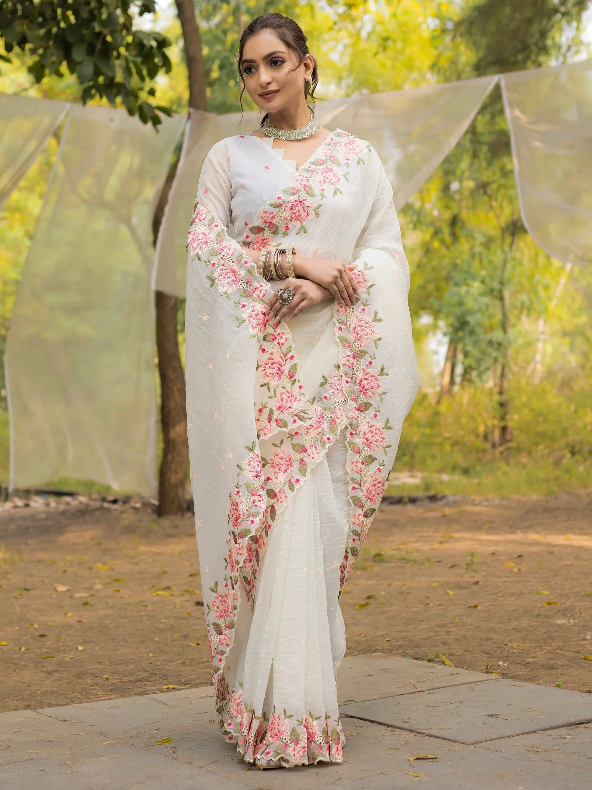Beautiful White Embroidered Silk Party Wear Saree - Zeel Clothing
