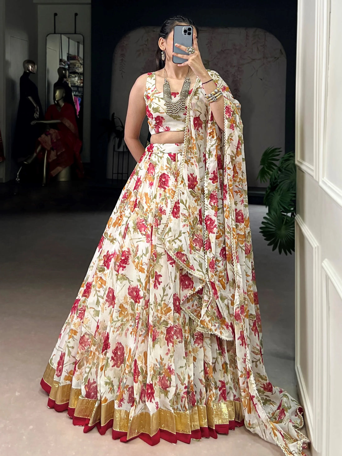 Beautiful White Floral Print Chiffon Festive Wear Lehenga With Blouse