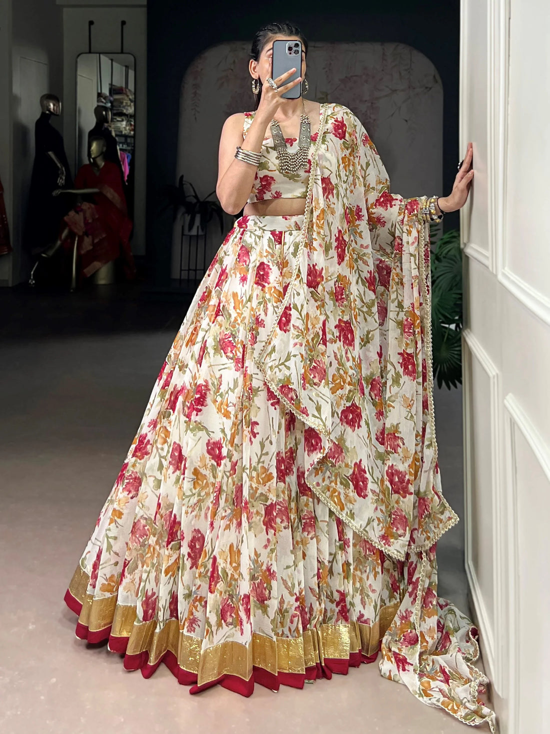 Beautiful White Floral Print Chiffon Festive Wear Lehenga With Blouse