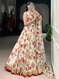 Beautiful White Floral Print Chiffon Festive Wear Lehenga With Blouse