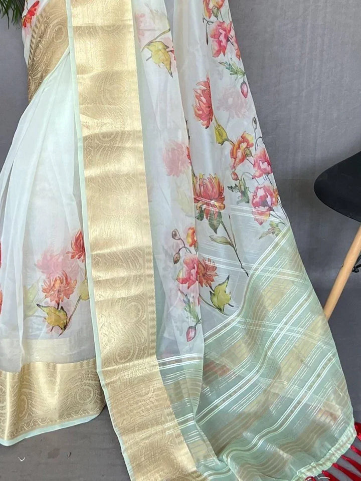 Beautiful White Floral Print Organza Festival Wear Saree With Blouse
