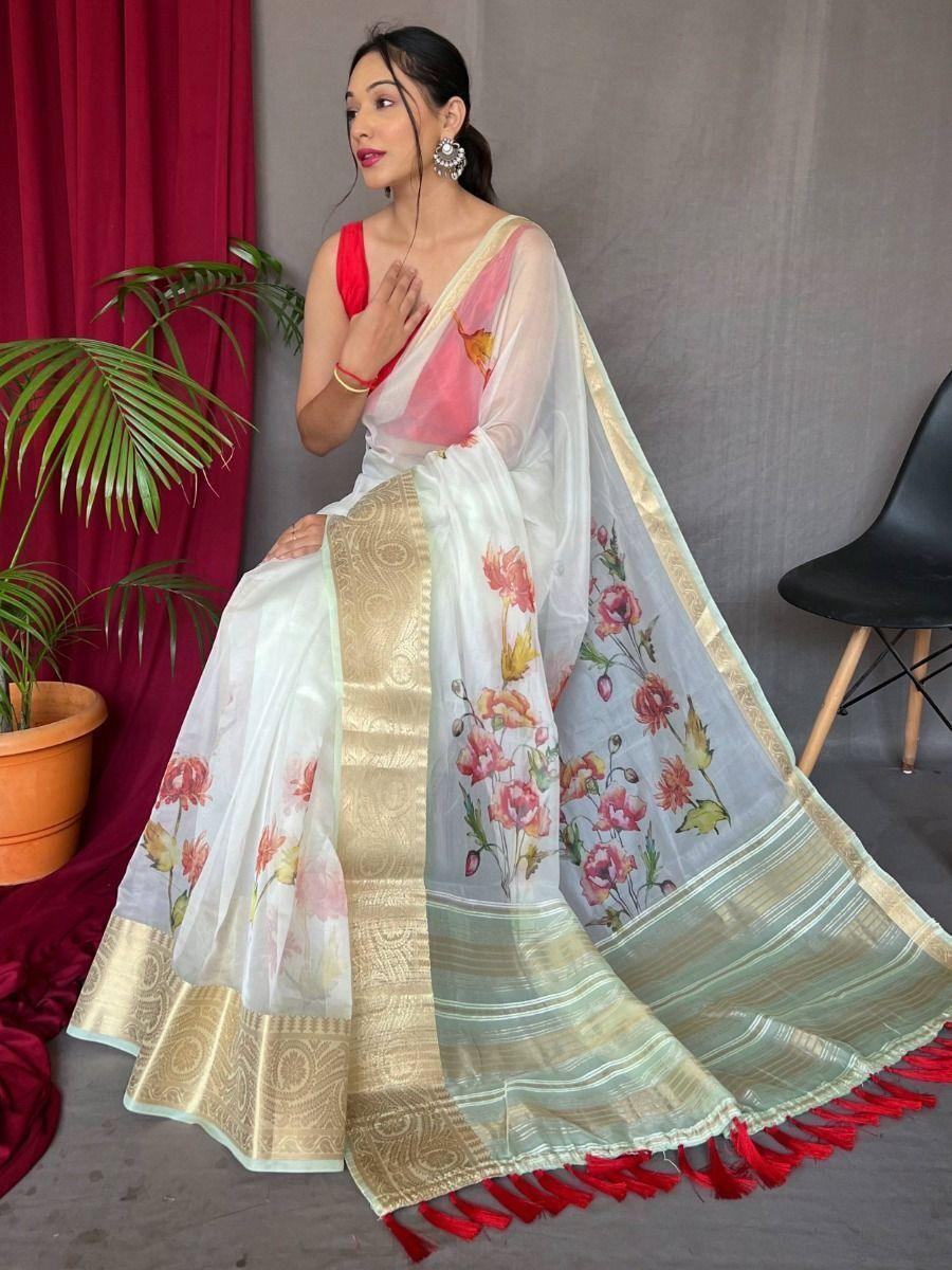 Beautiful White Floral Print Organza Festival Wear Saree With Blouse