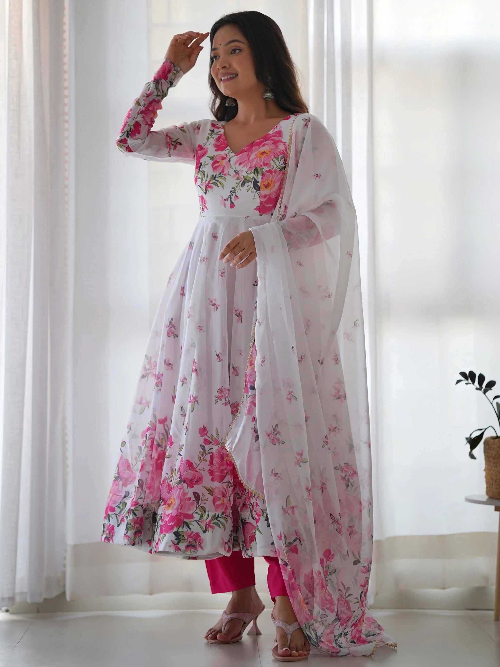 Beautiful White Floral Printed Organza Festival Wear Anarkali Suit