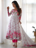 Beautiful White Floral Printed Organza Festival Wear Anarkali Suit - Zeel Clothing
