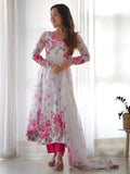 Beautiful White Floral Printed Organza Festival Wear Anarkali Suit