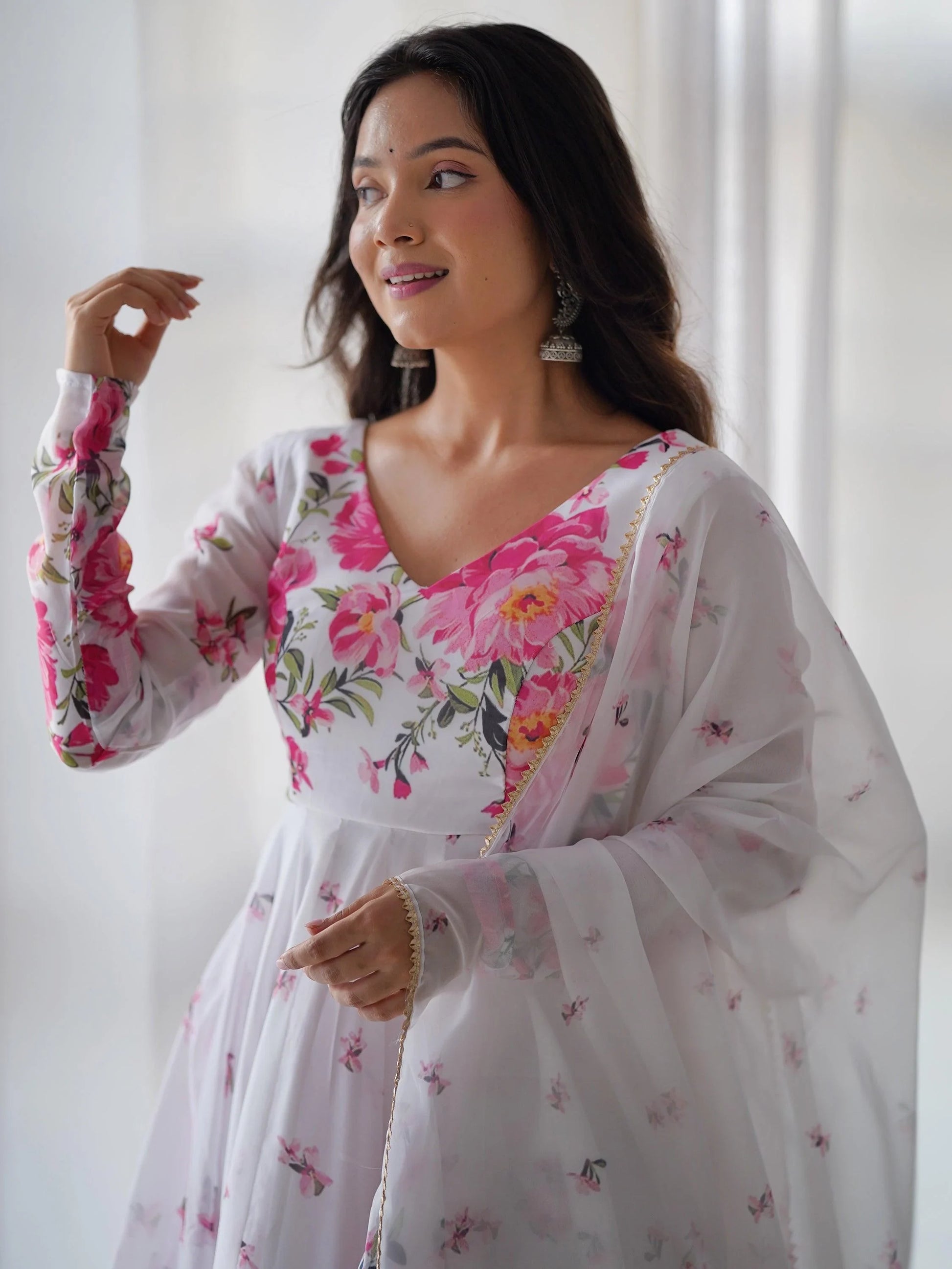 Beautiful White Floral Printed Organza Festival Wear Anarkali Suit