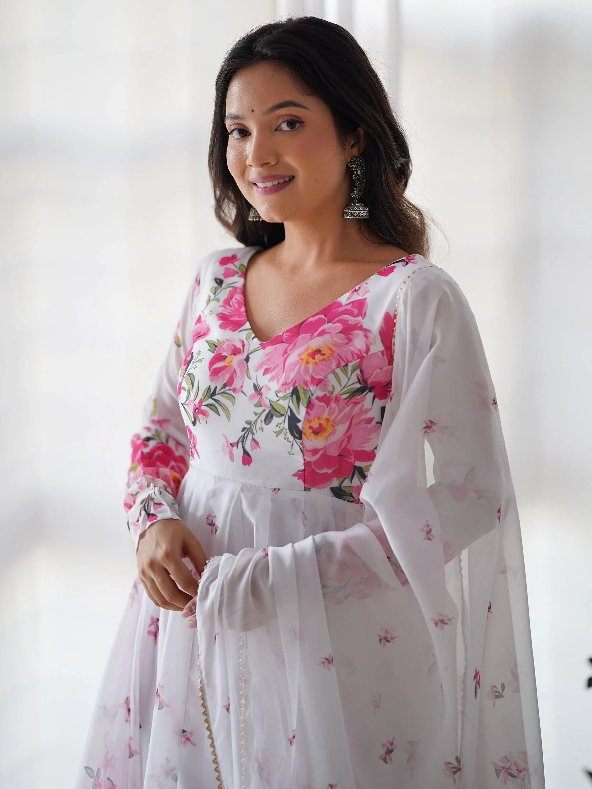 Beautiful White Floral Printed Organza Festival Wear Anarkali Suit