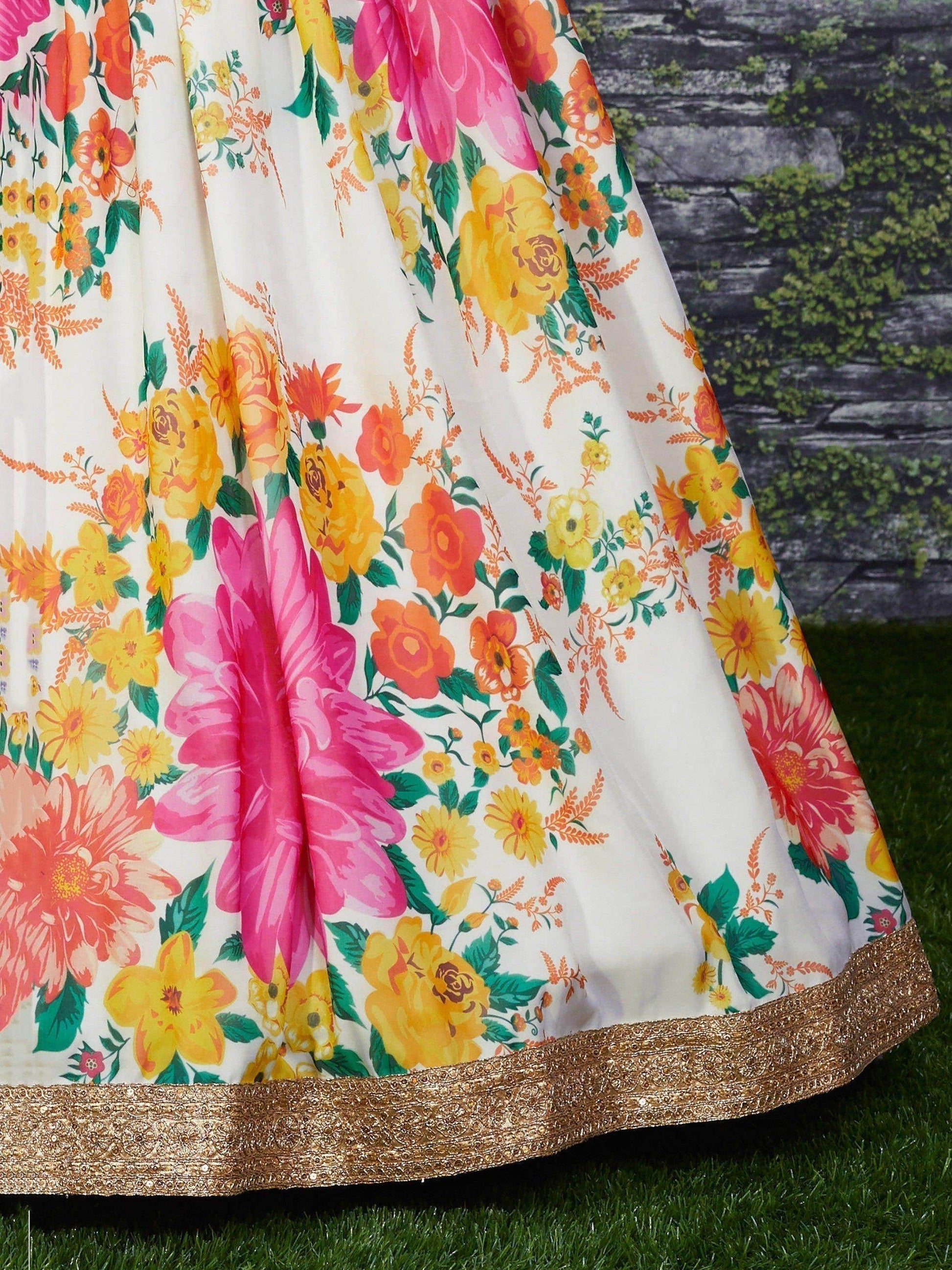Beautiful White-Green Designer Digital Printed Lehenga Choli - Zeel Clothing